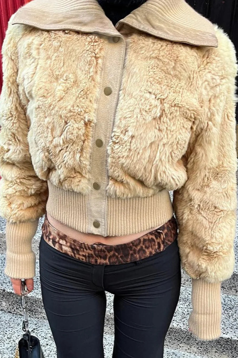 Vintage Cropped Fuzzy Wide Lapel Single Breasted Waist-Cinched Coat