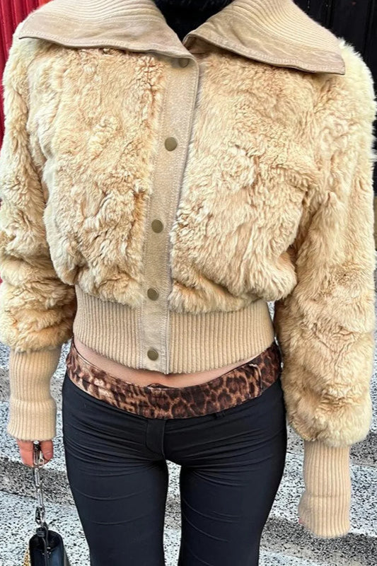 Vintage Cropped Fuzzy Wide Lapel Single Breasted Waist-Cinched Coat