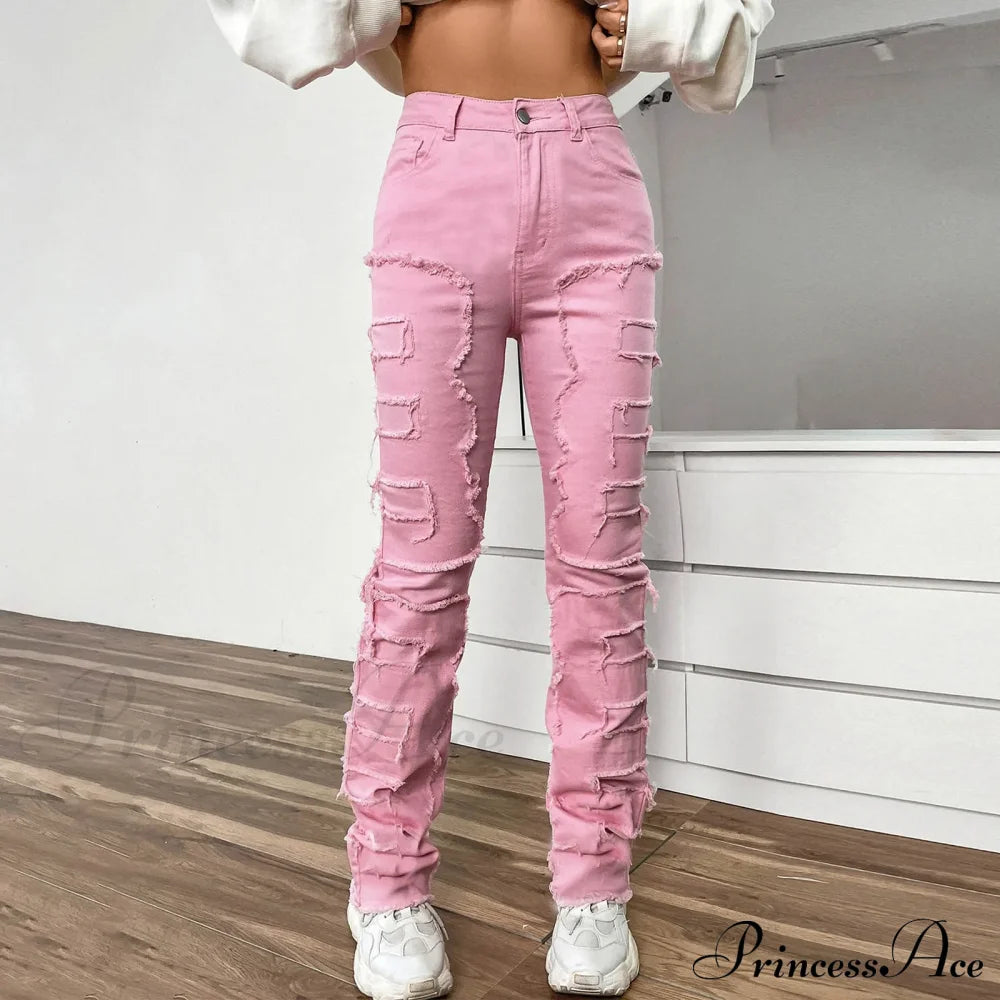 Vintage Denim Embroidered Stacked Jeans Pink / S