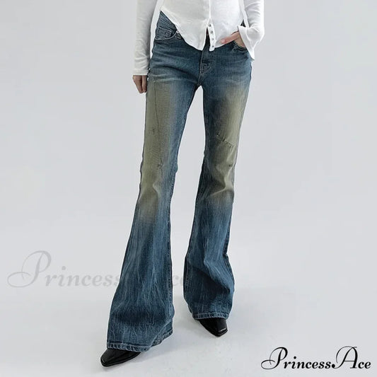 Vintage Denim Flare For Women Fashion Streetwear High Waist Hit Color Slim Female Autumn 2024 Jean