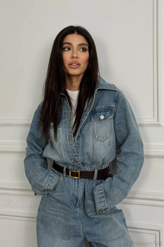 Vintage Vintage Denim Loose Long Pants Jumpsuit-style Two Piece Set