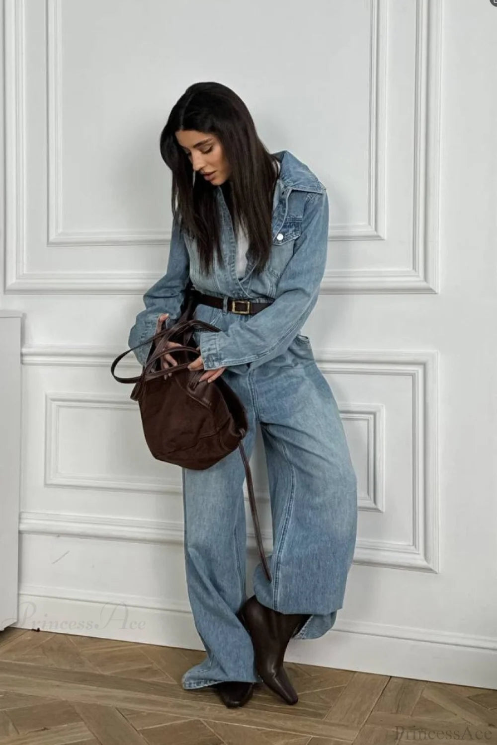 Vintage Vintage Denim Loose Long Pants Jumpsuit-style Two Piece Set