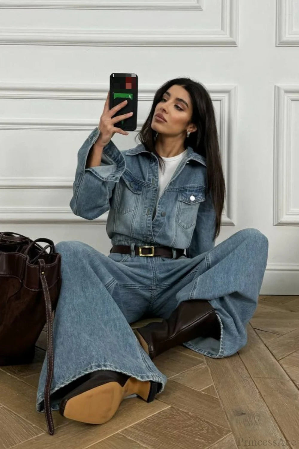 Vintage Vintage Denim Loose Long Pants Jumpsuit-style Two Piece Set