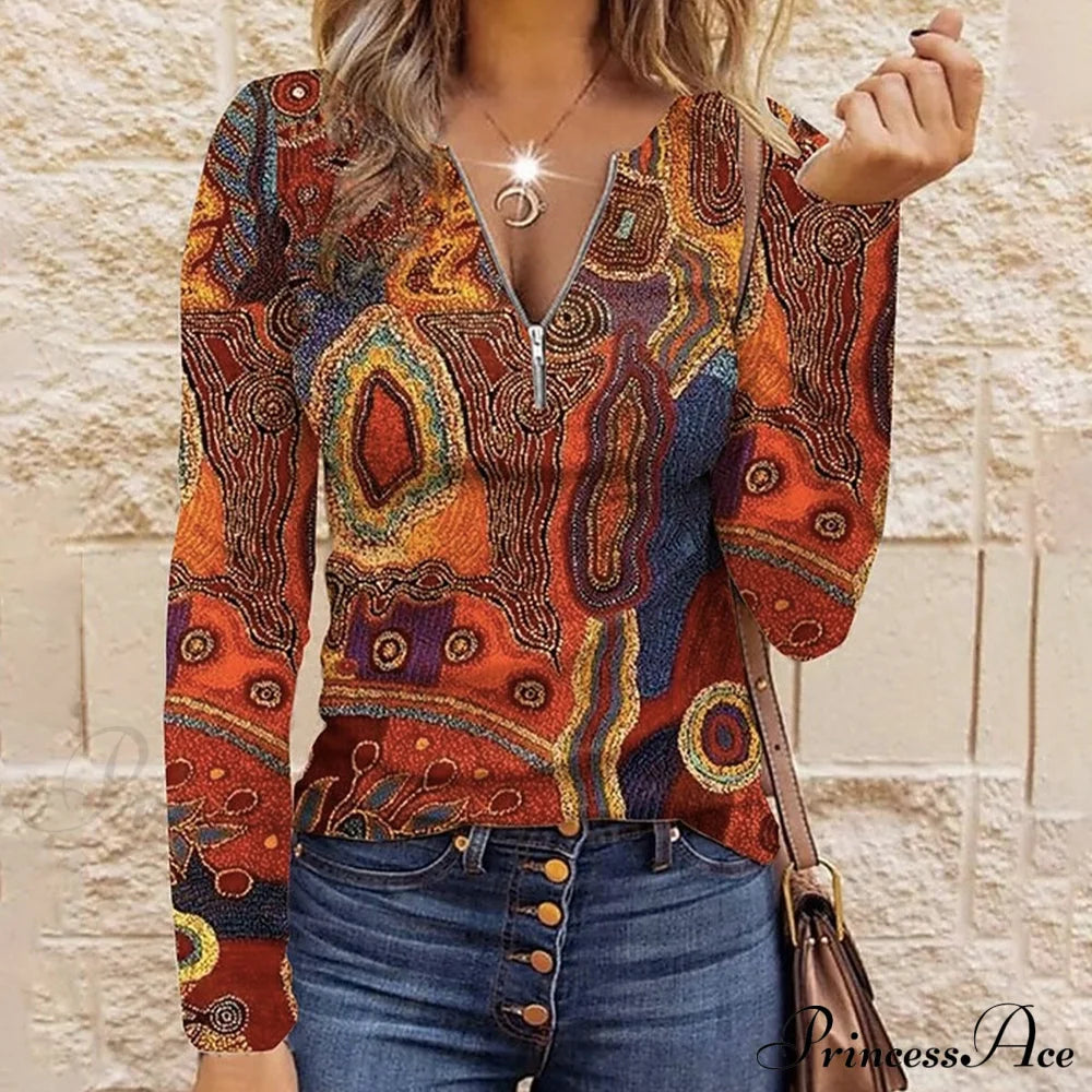 Vintage Ethnic Style Printed Blouse Multicolor best Best Sellings clothes Plus Size tops