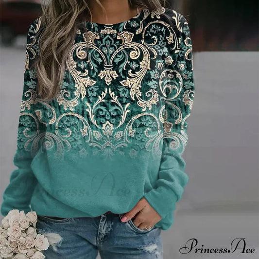 Vintage Ethnic Print Sweatshirt Green best Best Sellings clothes Plus Size Sale tops Topseller