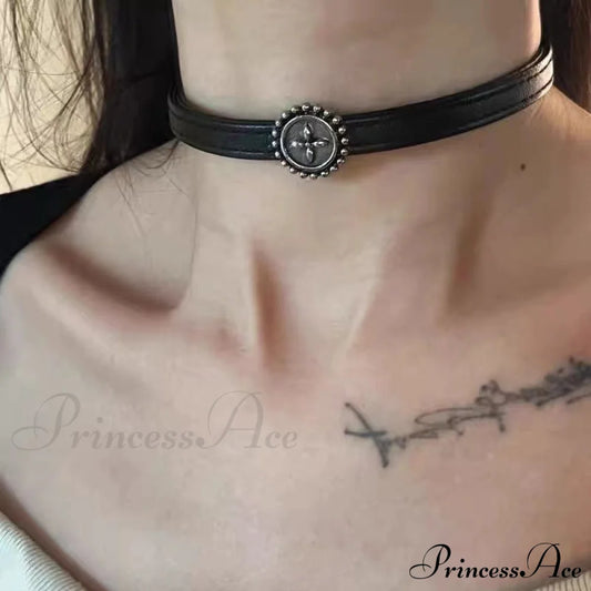 Vintage Distressed Black Leather Choker Necklace Halloween