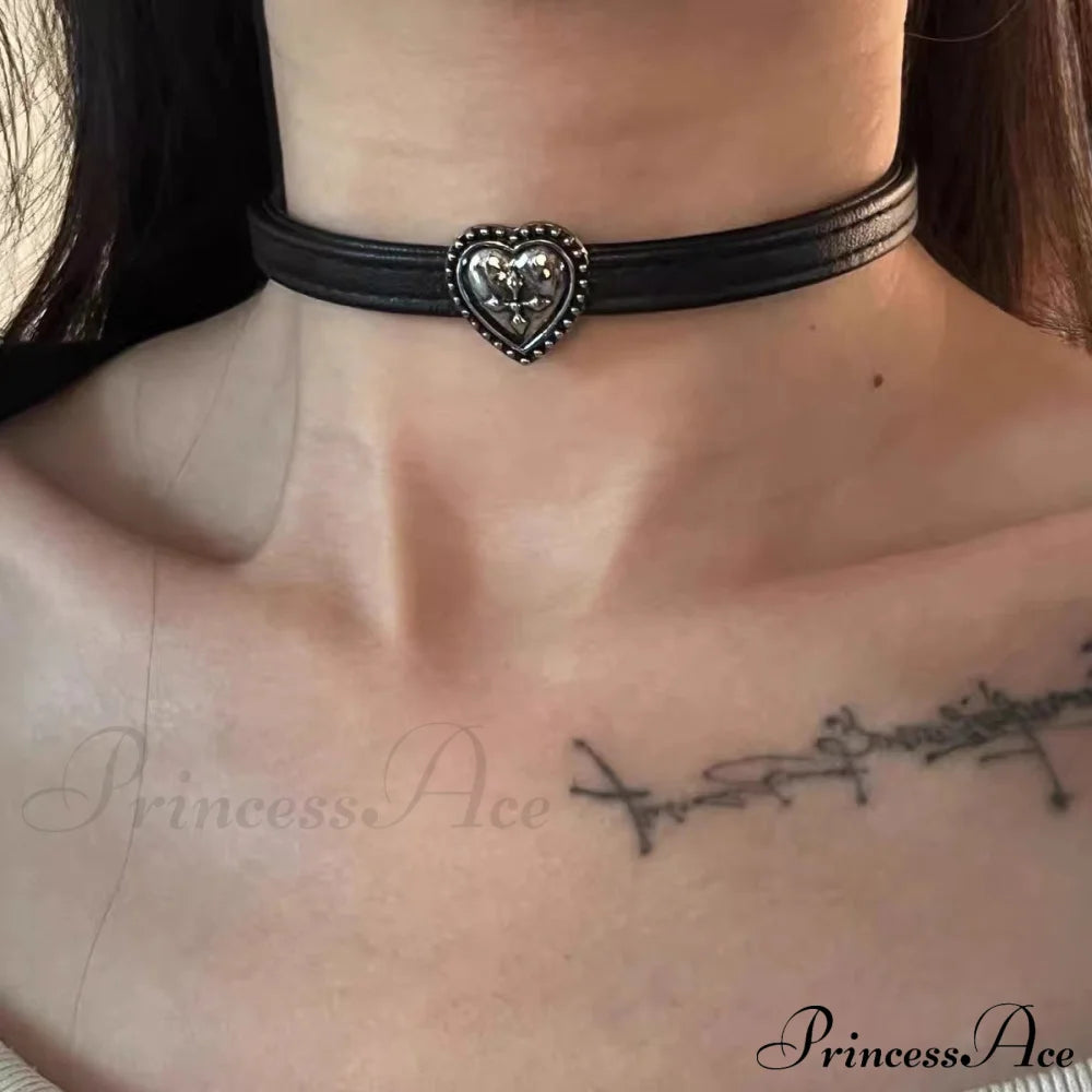 Vintage Distressed Black Leather Choker Necklace Halloween