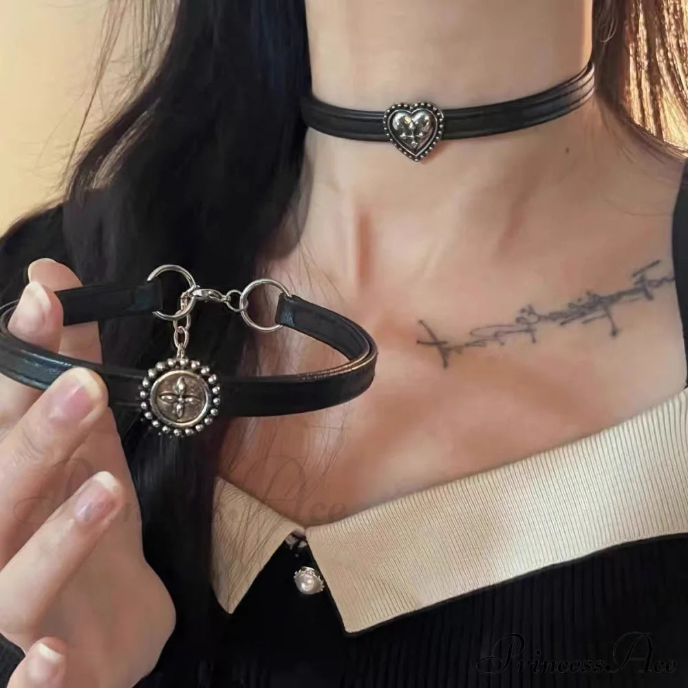 Vintage Distressed Black Leather Choker Necklace Halloween