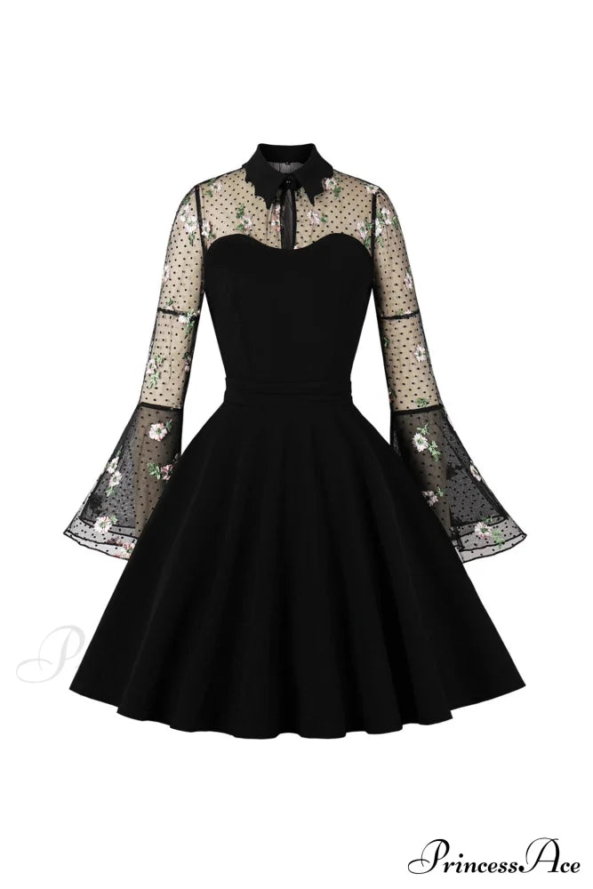 Vintage Dress With Mesh Embroidery And Flare Sleeves Black / S Mini Dresses