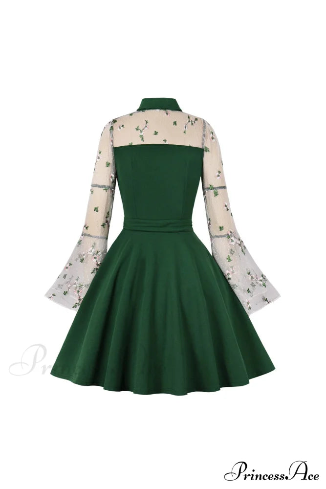 Vintage Dress With Mesh Embroidery And Flare Sleeves Green / L Mini Dresses