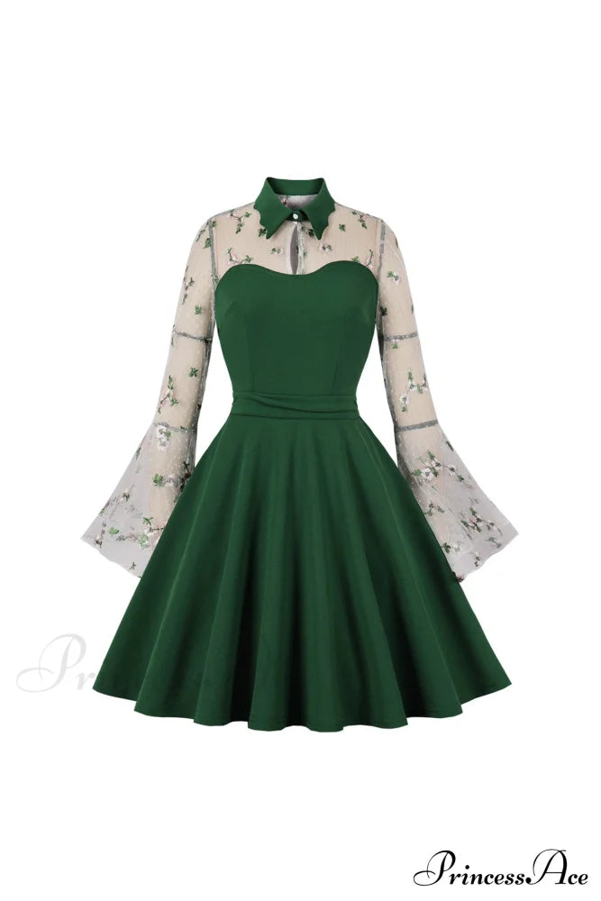 Vintage Dress With Mesh Embroidery And Flare Sleeves Green / S Mini Dresses