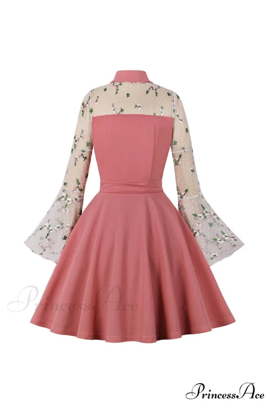 Vintage Dress With Mesh Embroidery And Flare Sleeves Pink / L Mini Dresses