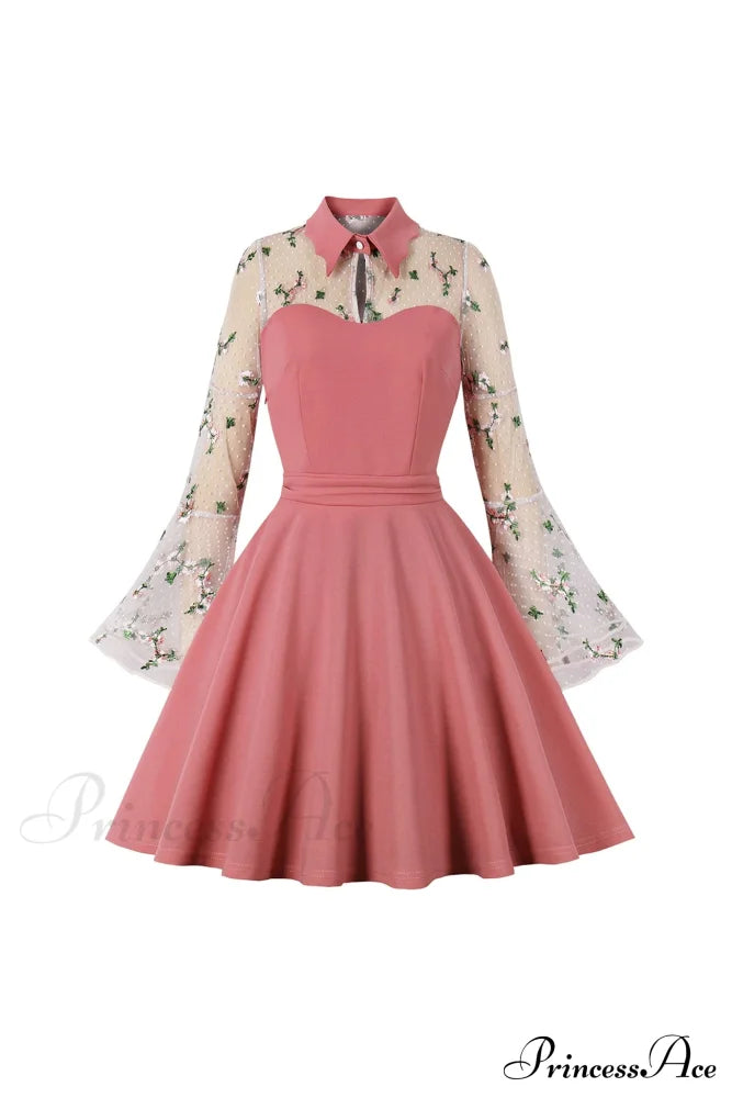 Vintage Dress With Mesh Embroidery And Flare Sleeves Pink / S Mini Dresses