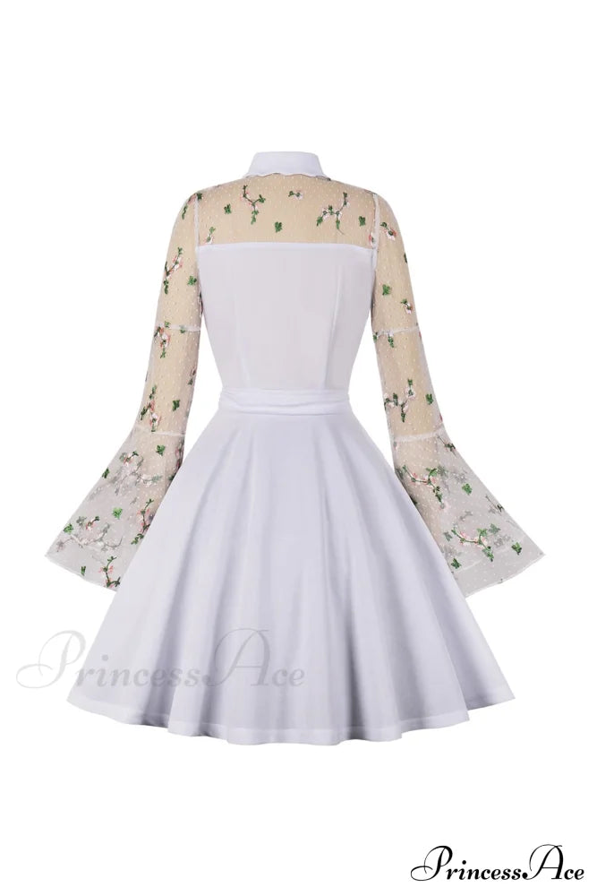 Vintage Dress With Mesh Embroidery And Flare Sleeves White / L Mini Dresses