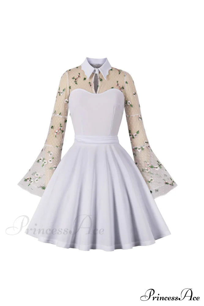 Vintage Dress With Mesh Embroidery And Flare Sleeves White / S Mini Dresses