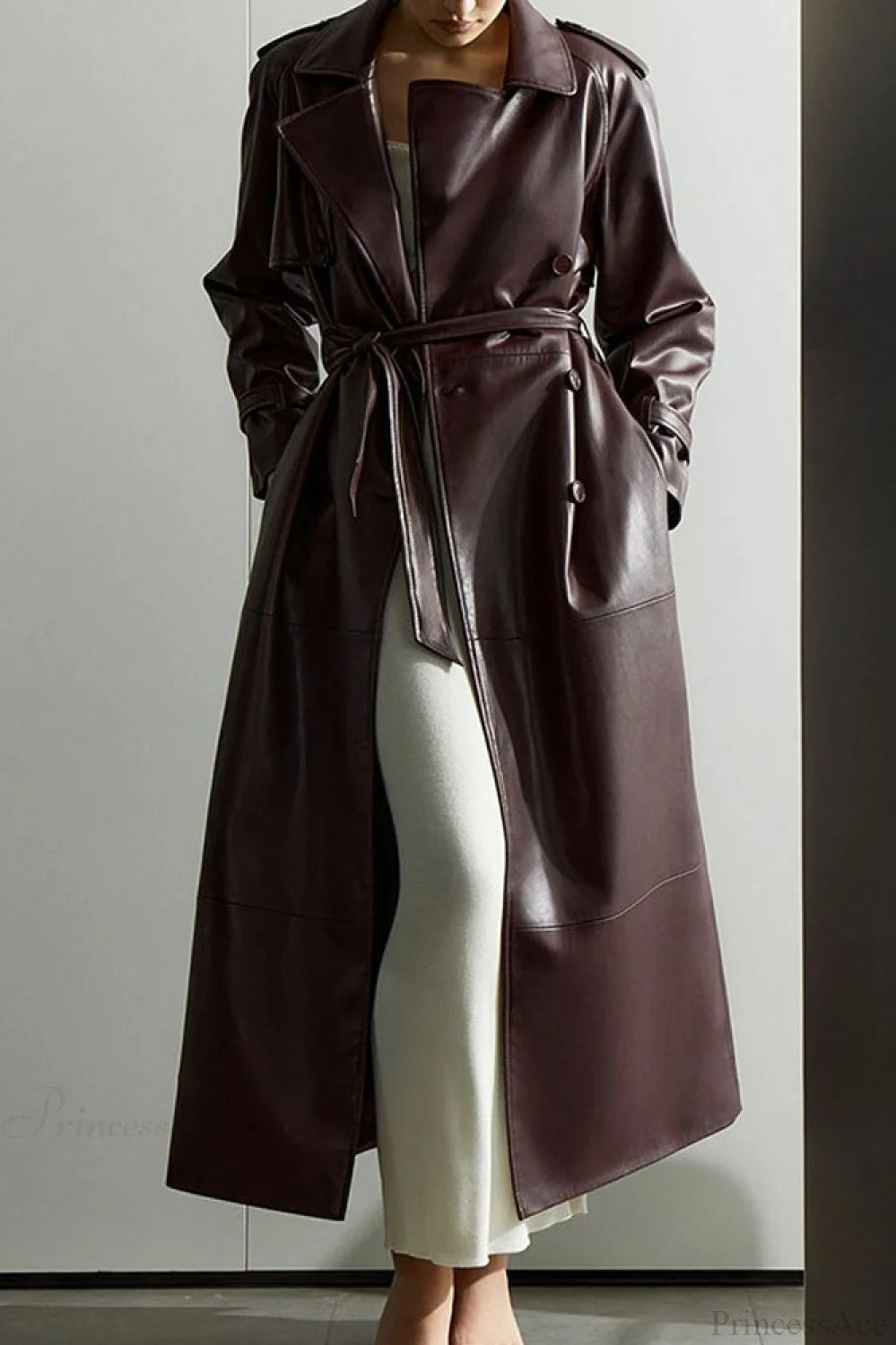 Vintage Elegant Minimalist Tie-Waist Faux Leather Overcoat