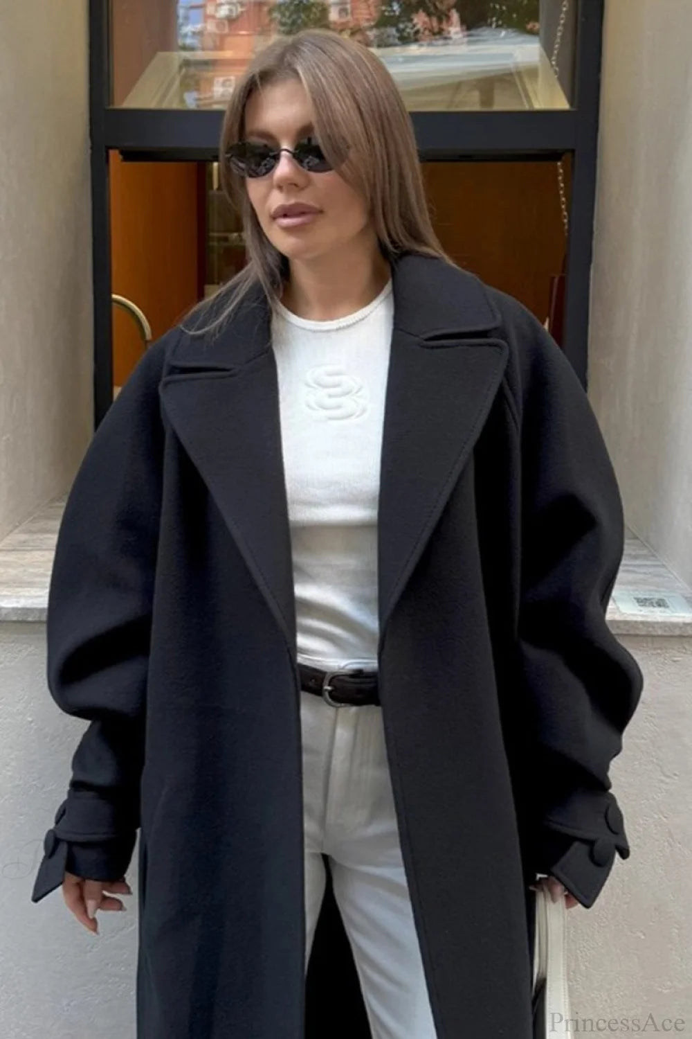 Vintage Elegant Wool Tie Waist Relaxed Overcoat Black / S