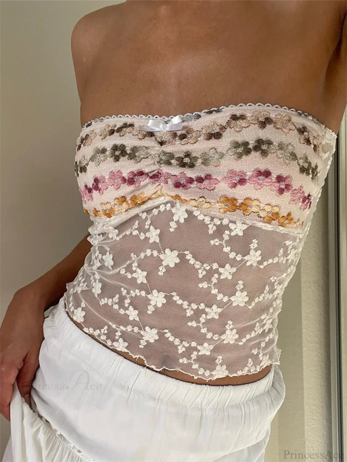 Vintage Embroidery Flower Strapless Tube Crop Top WHITE / S croptop-250126