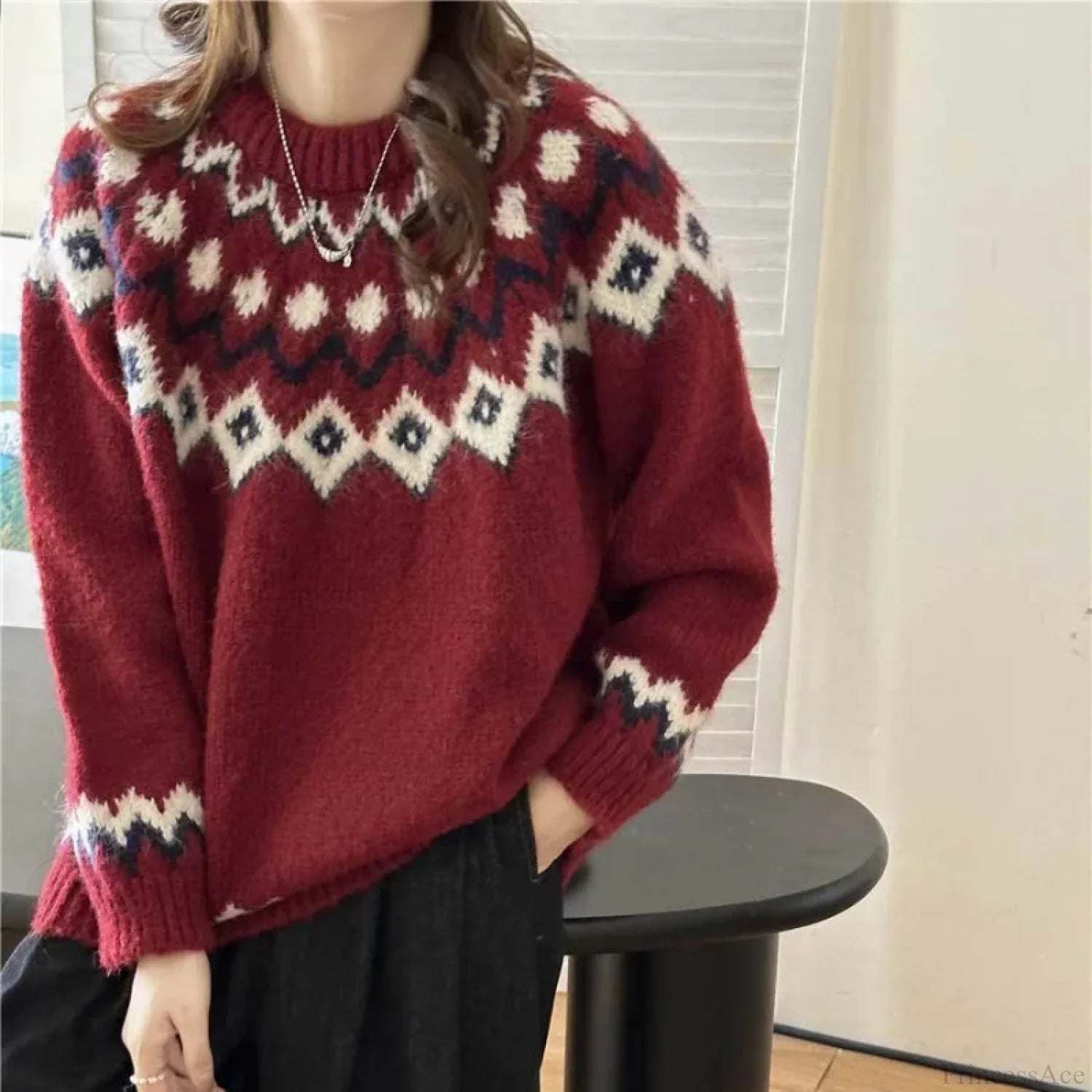 Vintage Fair Isle Loose Preppy Sweater Red / S