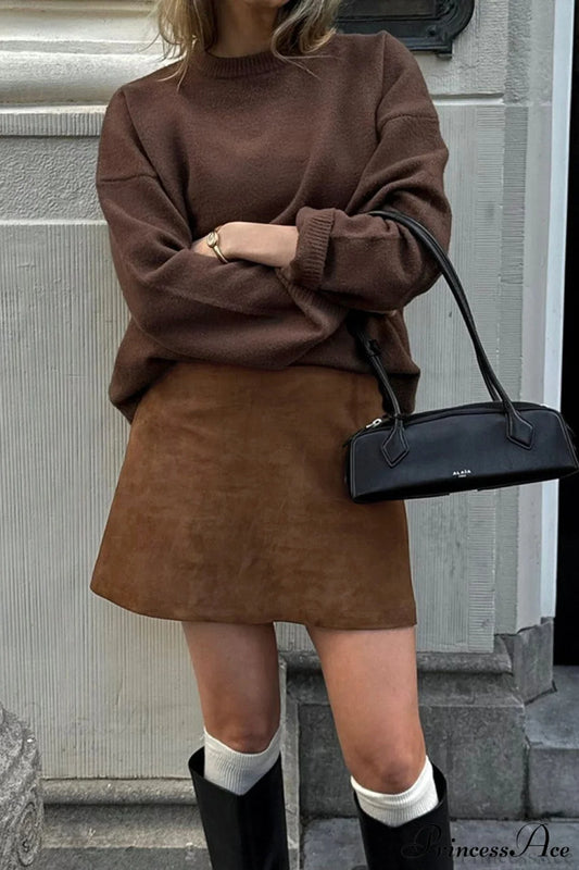 Vintage Faux Suede High-Waist Mini Skirt Brown / S