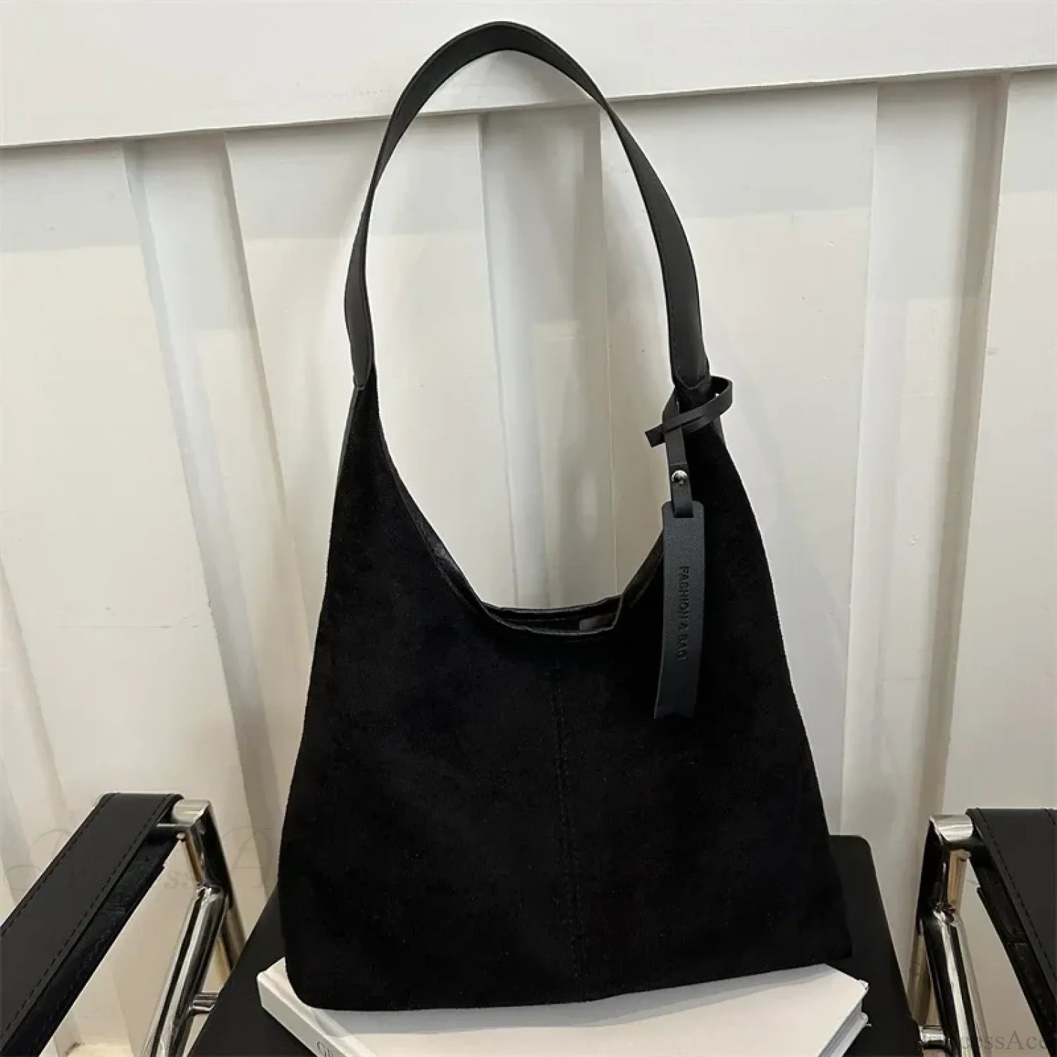 Vintage Faux Suede Large Shoulder Tote Bag Black shoulder-250126