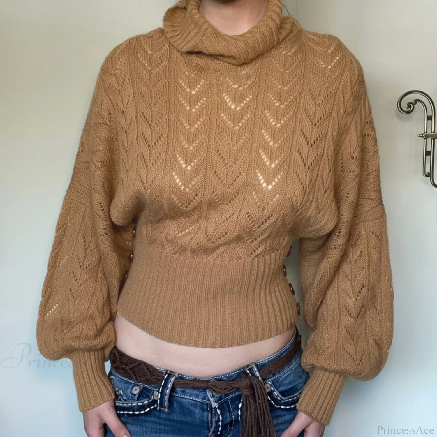 Vintage Fitted Slim Turtleneck Elegant Sweater Khaki / S