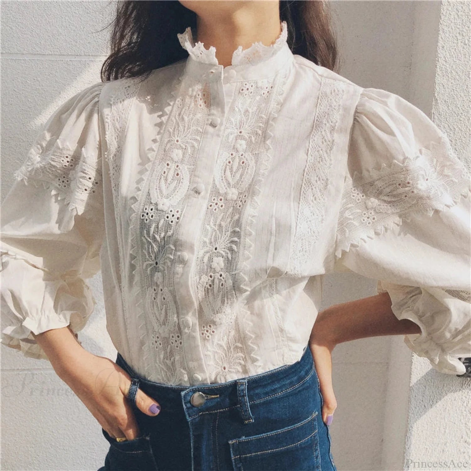 Vintage Floral Embroidery Cotton Linen Lantern Sleeve Boho Blouse White / S bohoblouse-250126