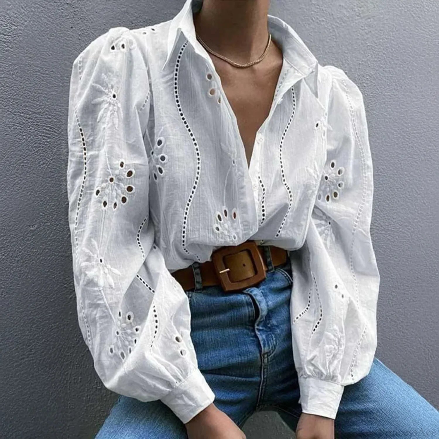 Vintage Floral Embroidery Hollow Out Puff Sleeve Boho Blouse White / S bohoblouse-250126