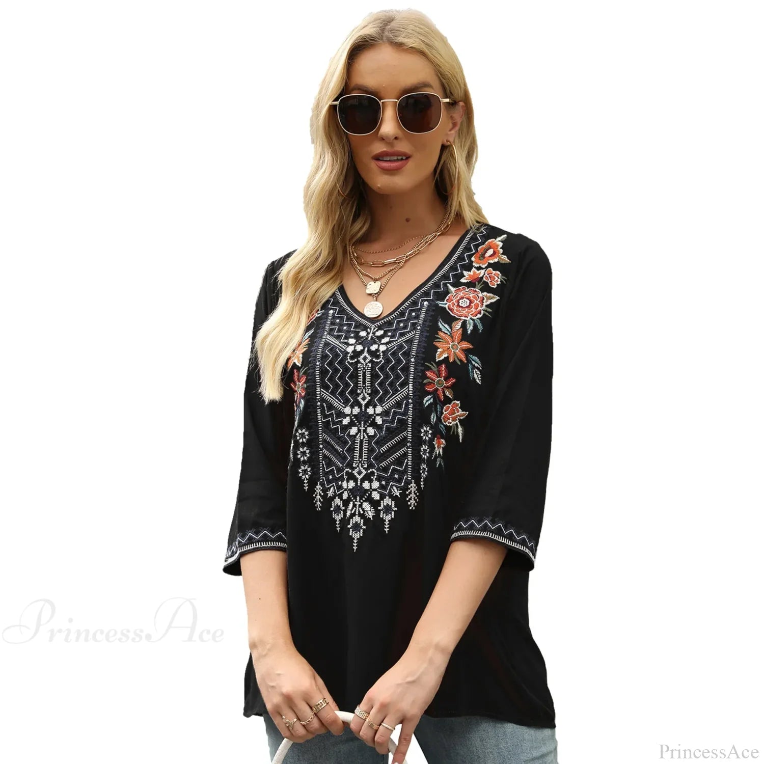 Vintage Floral Embroidery Loose Cotton Long Sleeve Boho Blouse Black / S bohoblouse-250126