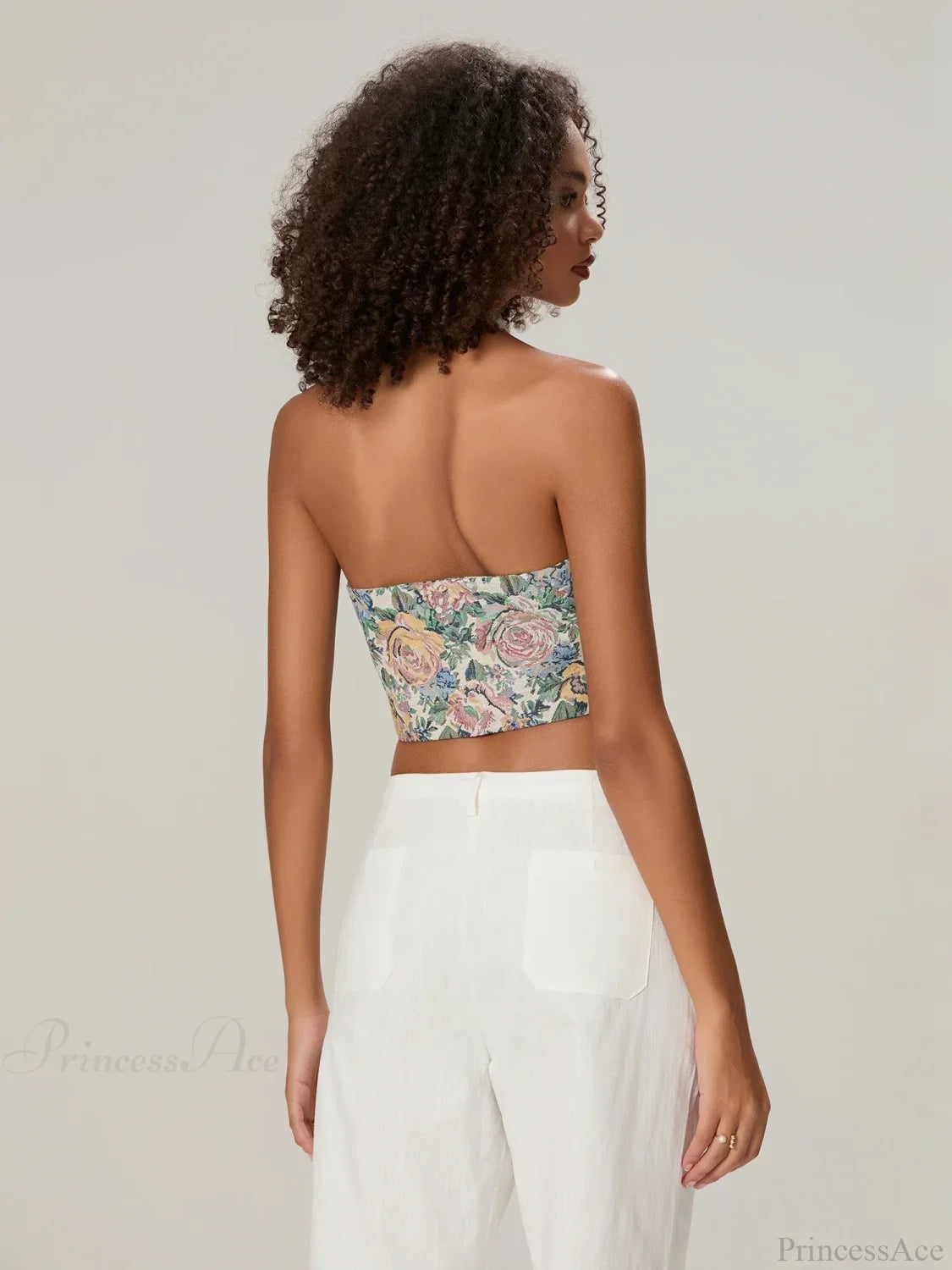 Vintage Floral Halterneck Bow Tied Front Deep V Crop Top croptop-250126