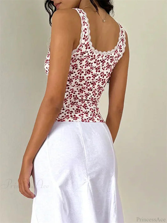 Vintage Floral Lace Trim Sleeveless Crop Top croptop-250126