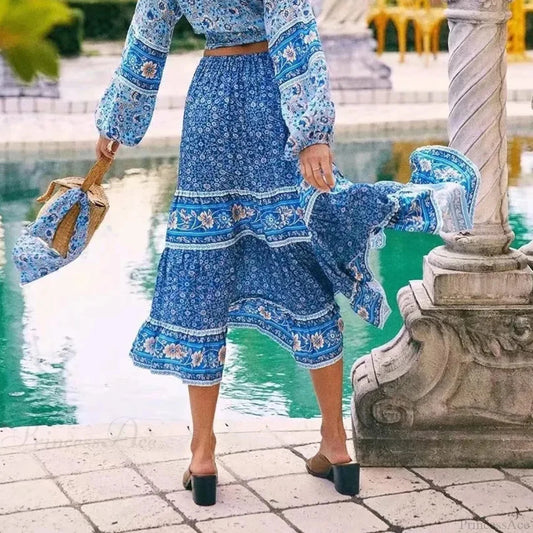 Vintage Floral Maxi Skirt Casual Beach Boho Rayon Elastic Waist Tie bohodress-250126