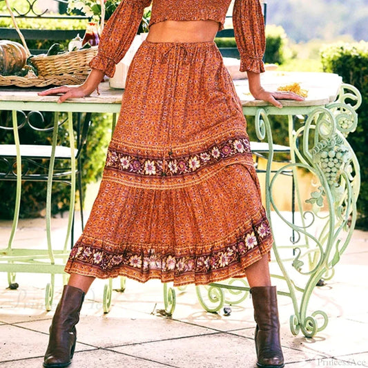 Vintage Floral Maxi Skirt Casual Beach Boho Rayon Elastic Waist Tie orange skirt / S bohodress-250126