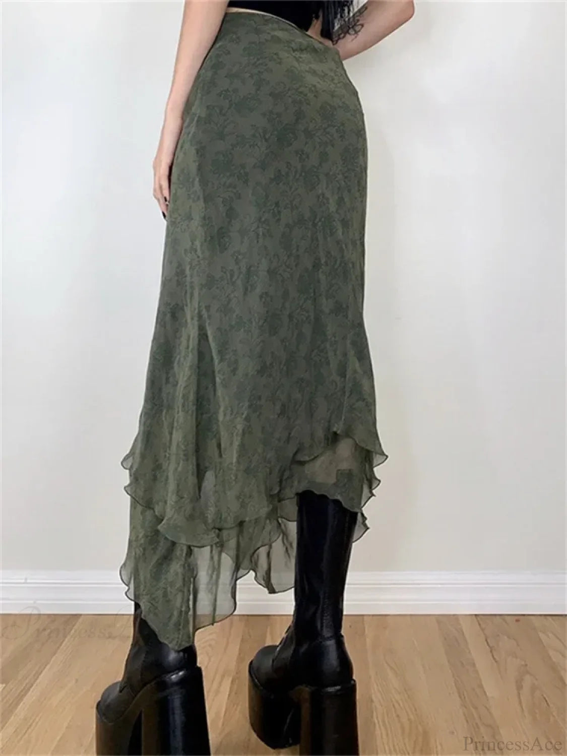 Vintage Floral Midi Skirt High Waist Mesh Irregular skirt-250126