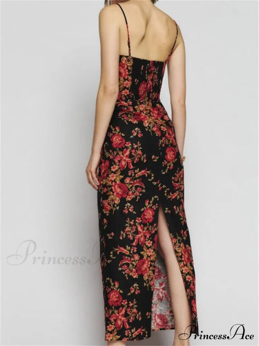 Vintage Floral Print For Women Sleeveless Spaghetti Strap Simmer Back Split Cocktail Party Vestidos