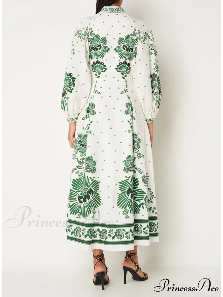 Vintage Floral Print Lantern Graceful Long Sleeve Midi Dress Dresses