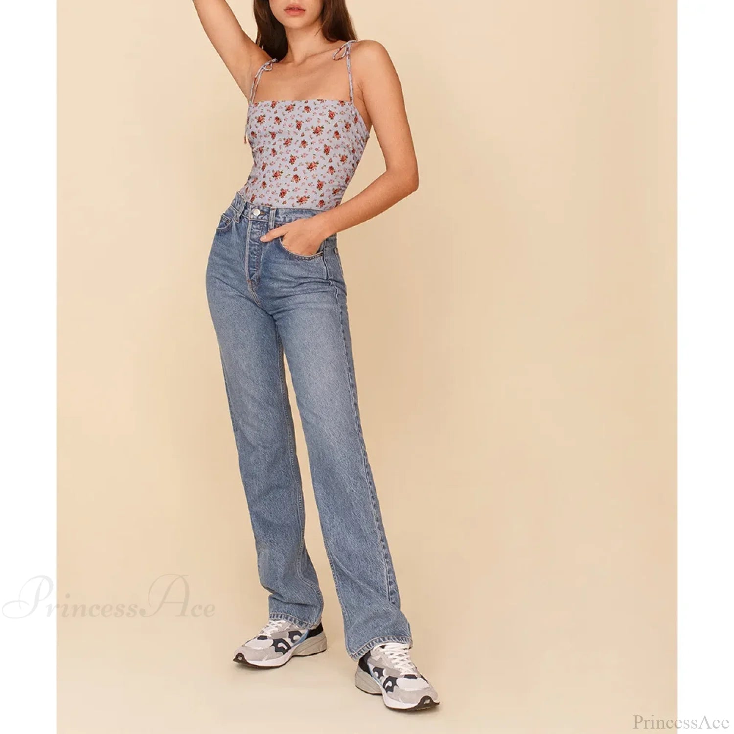 Vintage Floral Smocked Tie Strap Slim Fitted Crop Cami Top croptop-250126