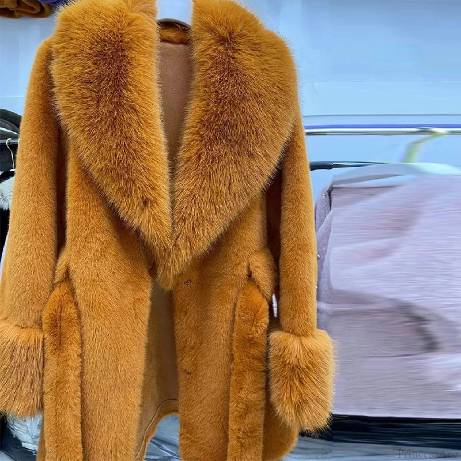 Vintage Fox Fur Belted Luxury Coat Orange / L