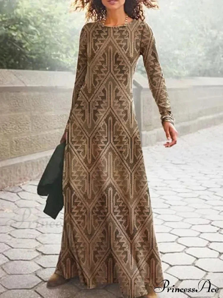 Vintage Geometric Print Long Sleeve Boho Dress