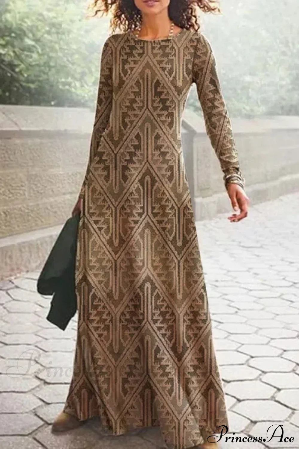 Vintage Geometric Print Long Sleeve Boho Dress