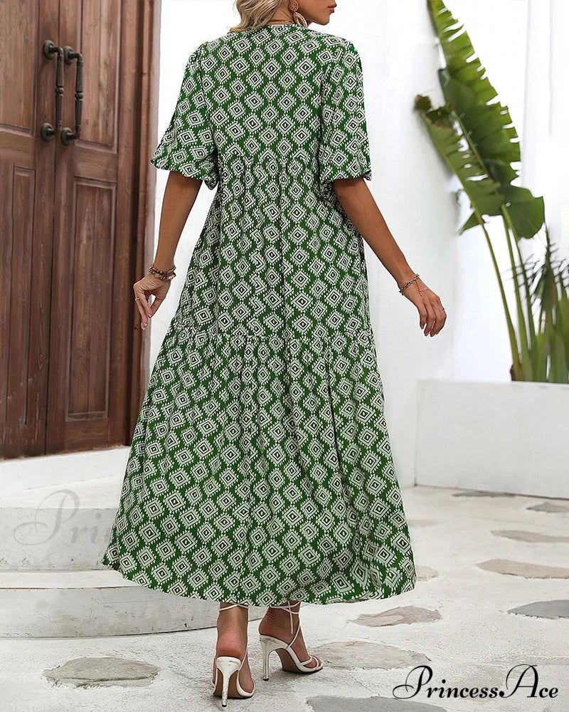 Vintage Geometric Print Maxi Dress Casual Dresses