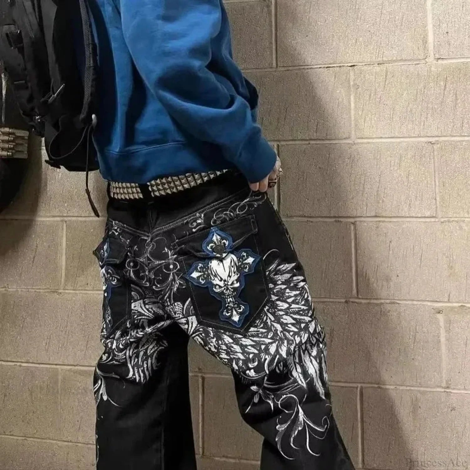 Vintage Gothic Cross Wings Stitched Pant black / M