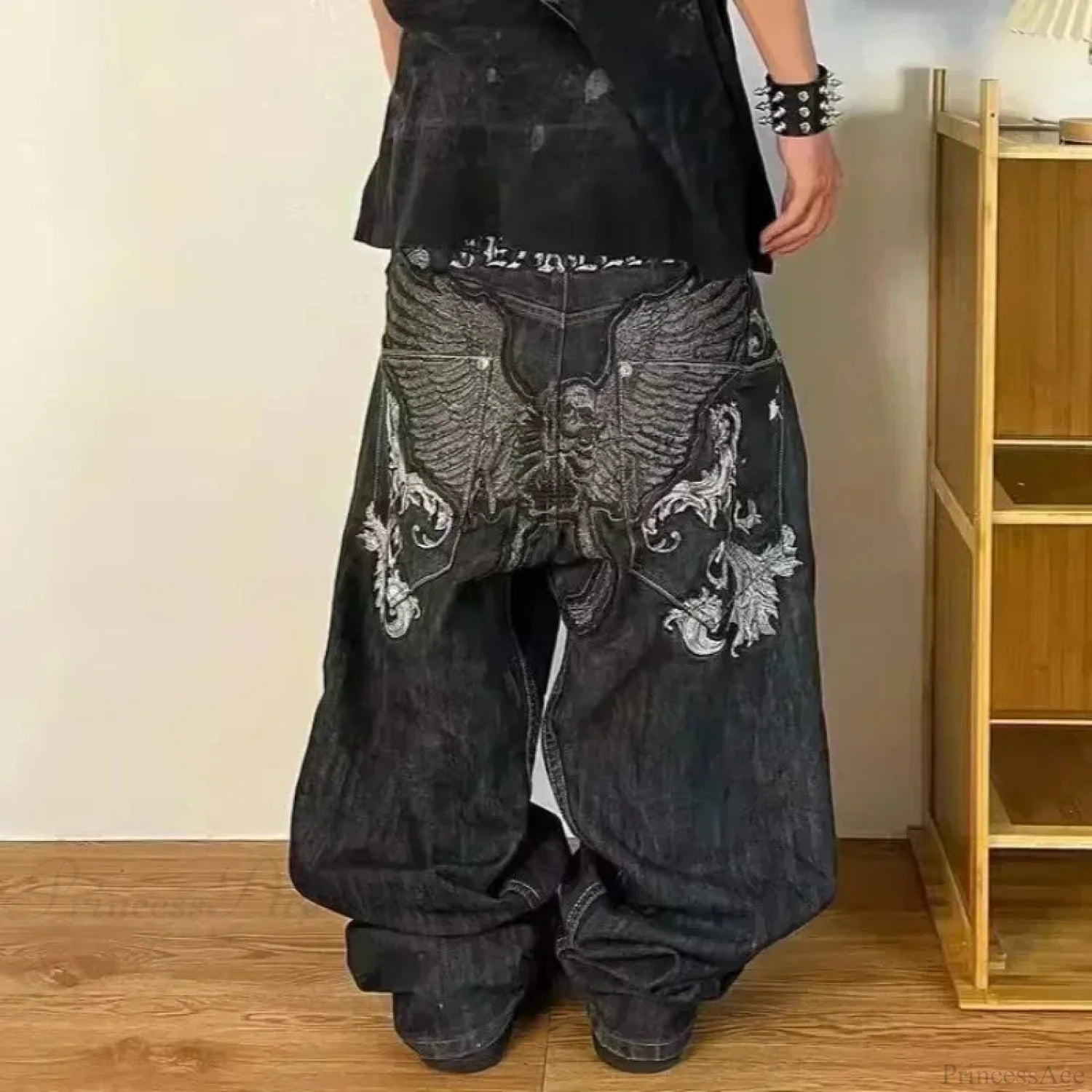 Vintage Gothic Cross Wings Stitched Pant Black8 / M