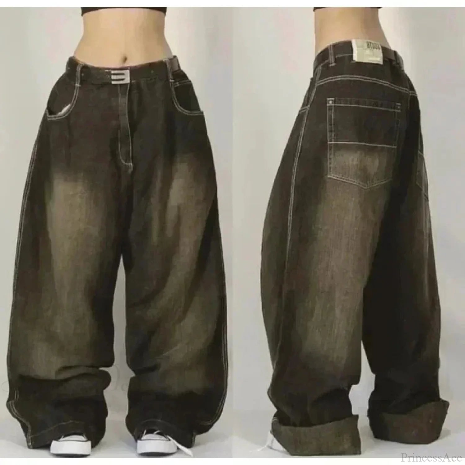 Vintage Gothic Cross Wings Stitched Pant Brown / M