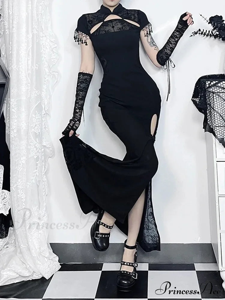 Vintage Gothic Fishtail Long Slit Chinese Cheongsam Retro Dark Bodycon Slim Qipao Traditional