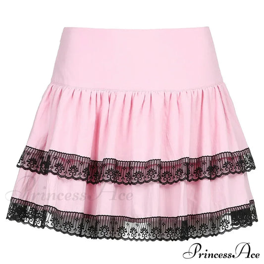 Vintage Gothic New Academy Style Pink Double Lace Stitched Skirt Pink / S Halloween