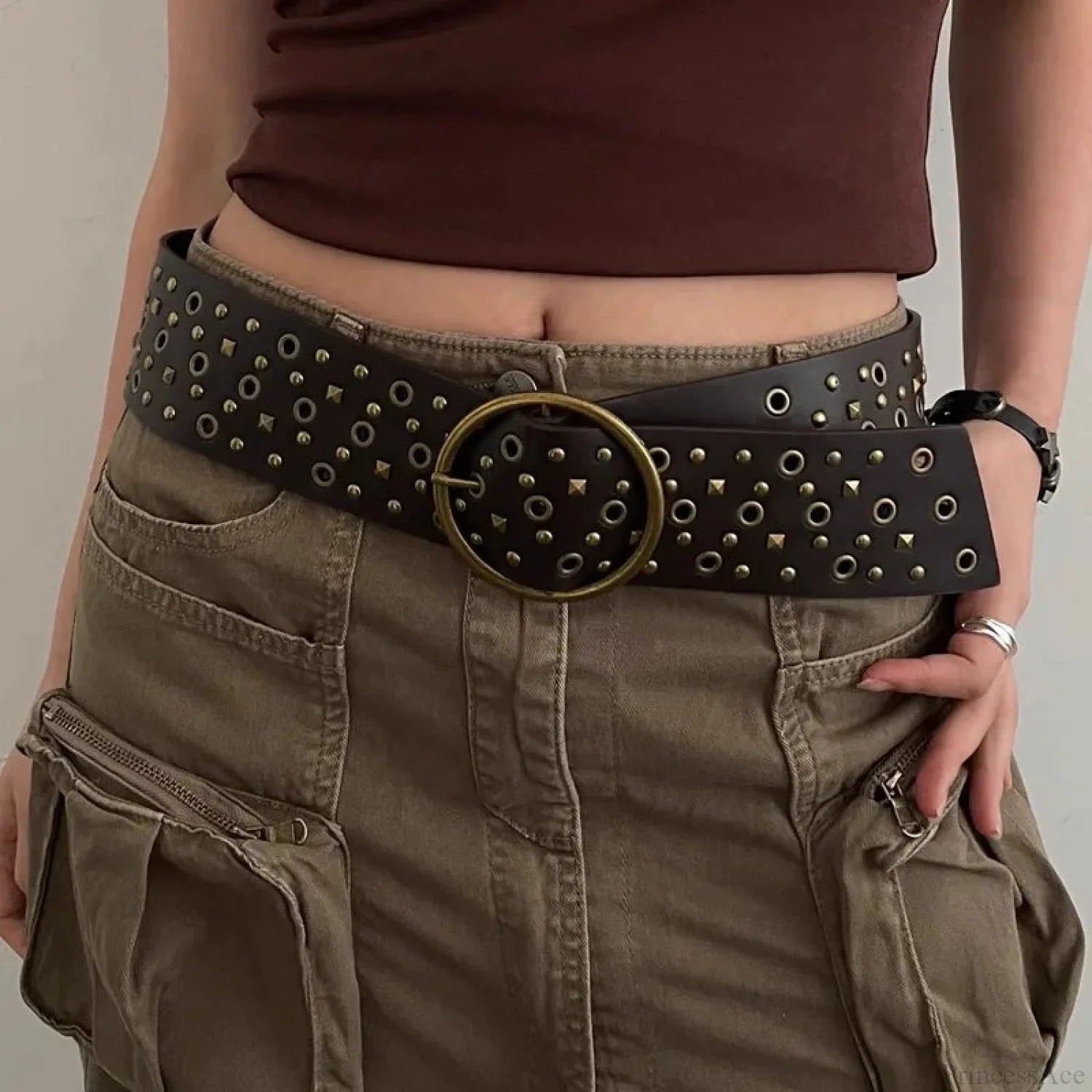 Vintage Gothic Rivet Broad Belt Coffee / 105CM