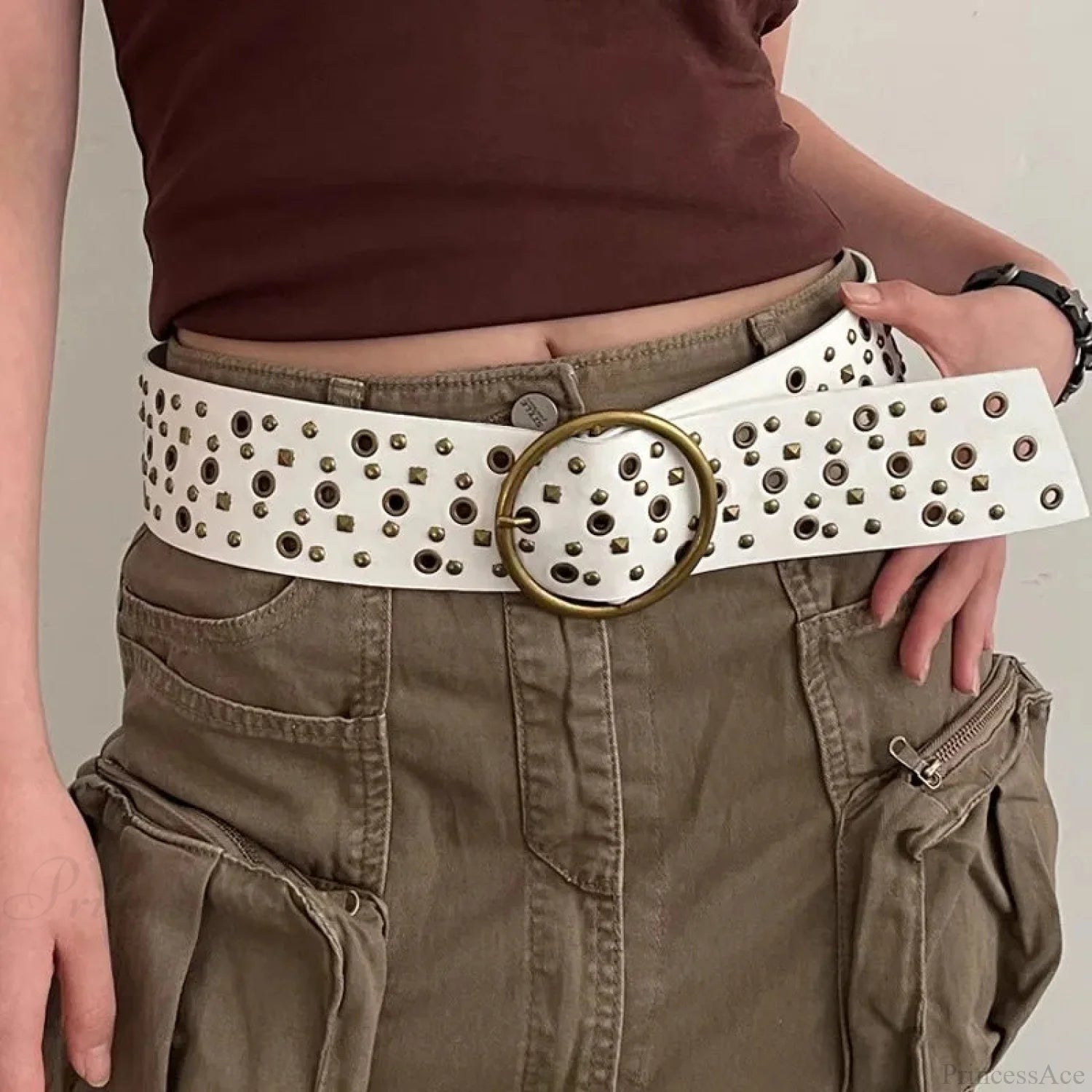 Vintage Gothic Rivet Broad Belt WHITE / 105CM