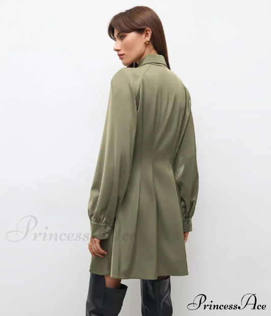 Vintage Green Office Long Sleeve Lapel Short Dress For Autumn S / Blue Dresses