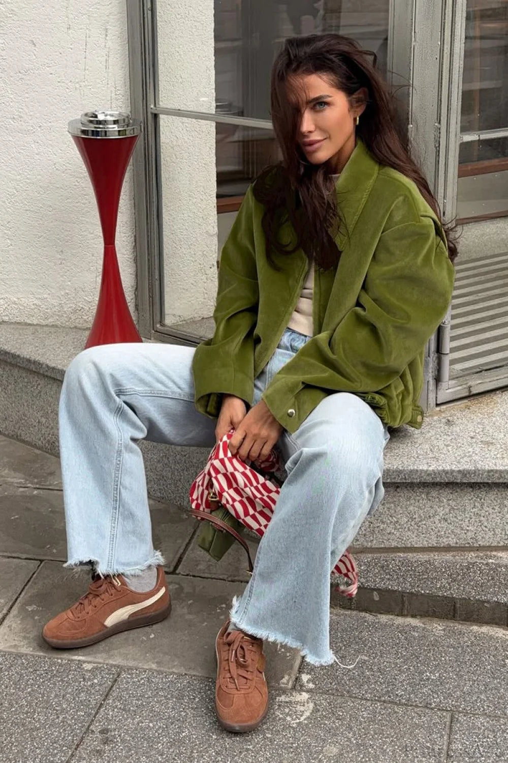 Vintage Green Velvet Loose Baseball Lapel Jacket